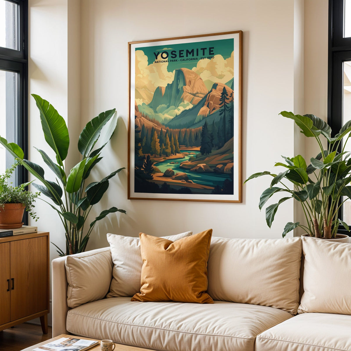 Yosemite National Park print in an oak frame above a cream living room sofa with an ochre cushion