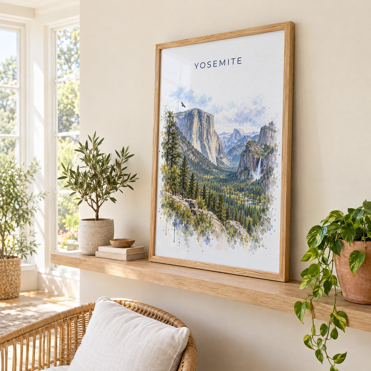 Yosemite National Park watercolor print in an oak frame on a picture ledge in a sunlit sunroom