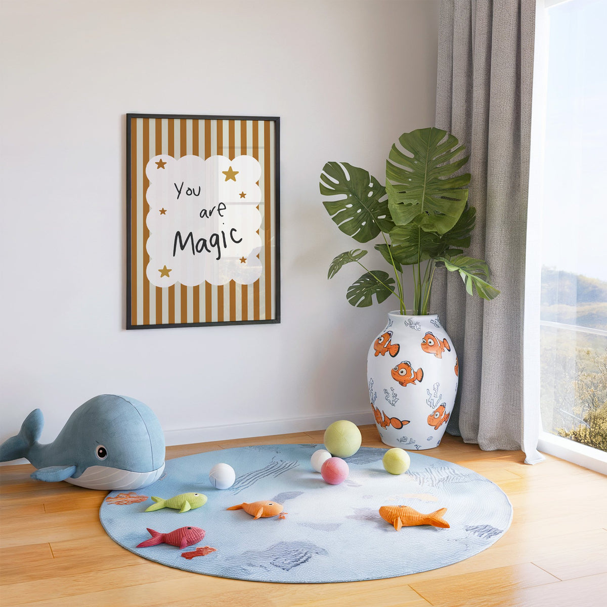 You are magic stars nursery print in a black frame in a playroom with an ocean rug and whale plush