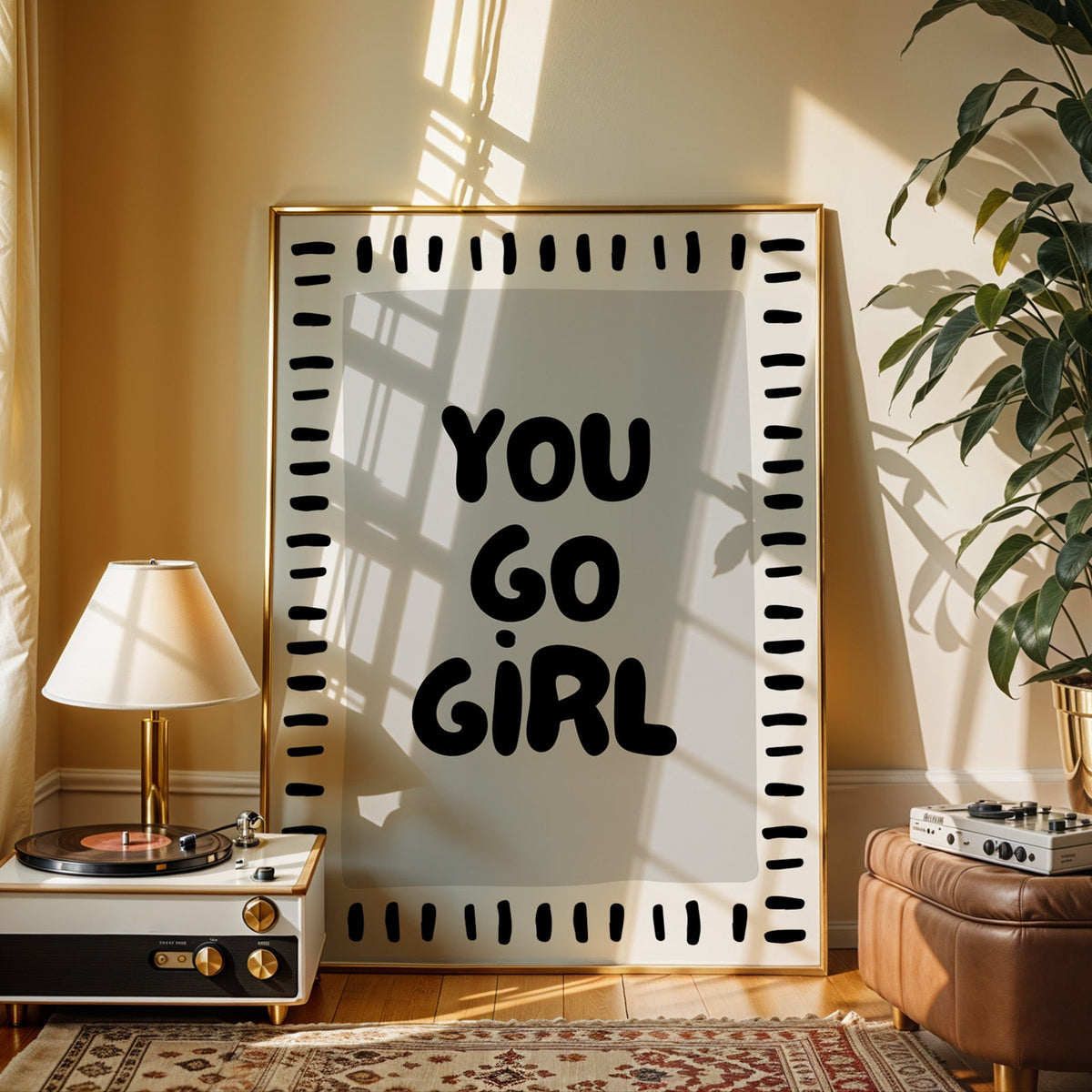 You go girl bubble letter quote print shown in a gold frame beside a record player and table lamp