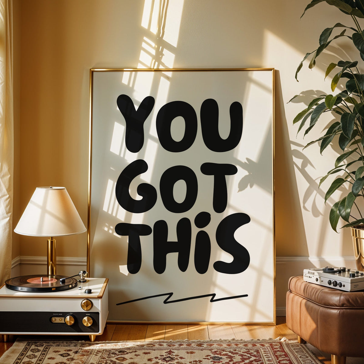 You got this bubble letter quote print shown in a gold frame beside a record player and table lamp