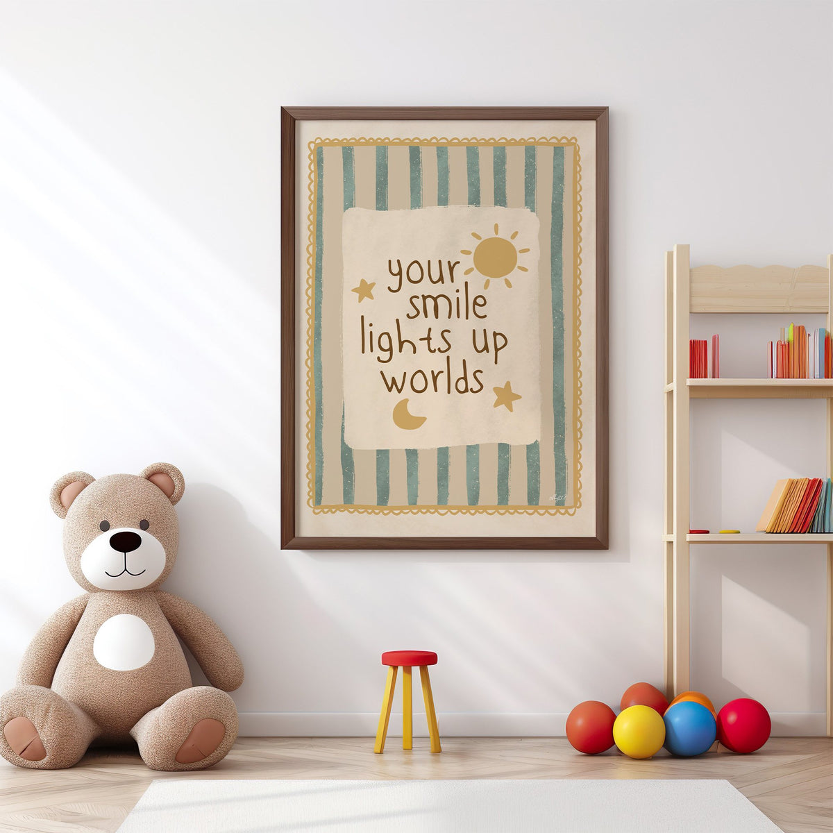 Your smile lights up worlds nursery print in a walnut frame above a big teddy bear by a bookshelf