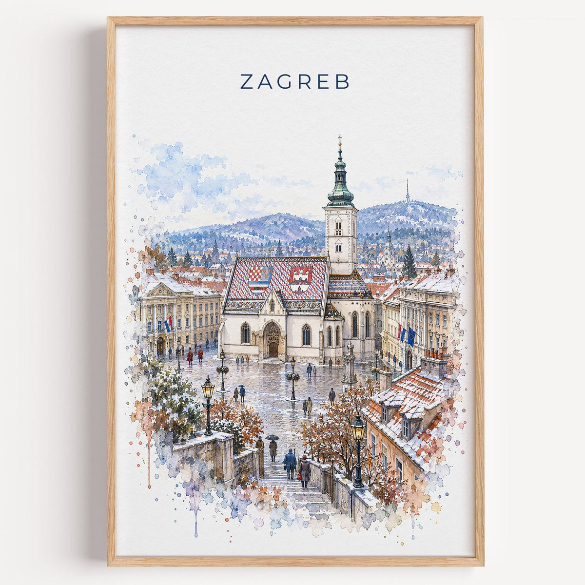 Zagreb watercolor print in a light oak frame on a plain white wall