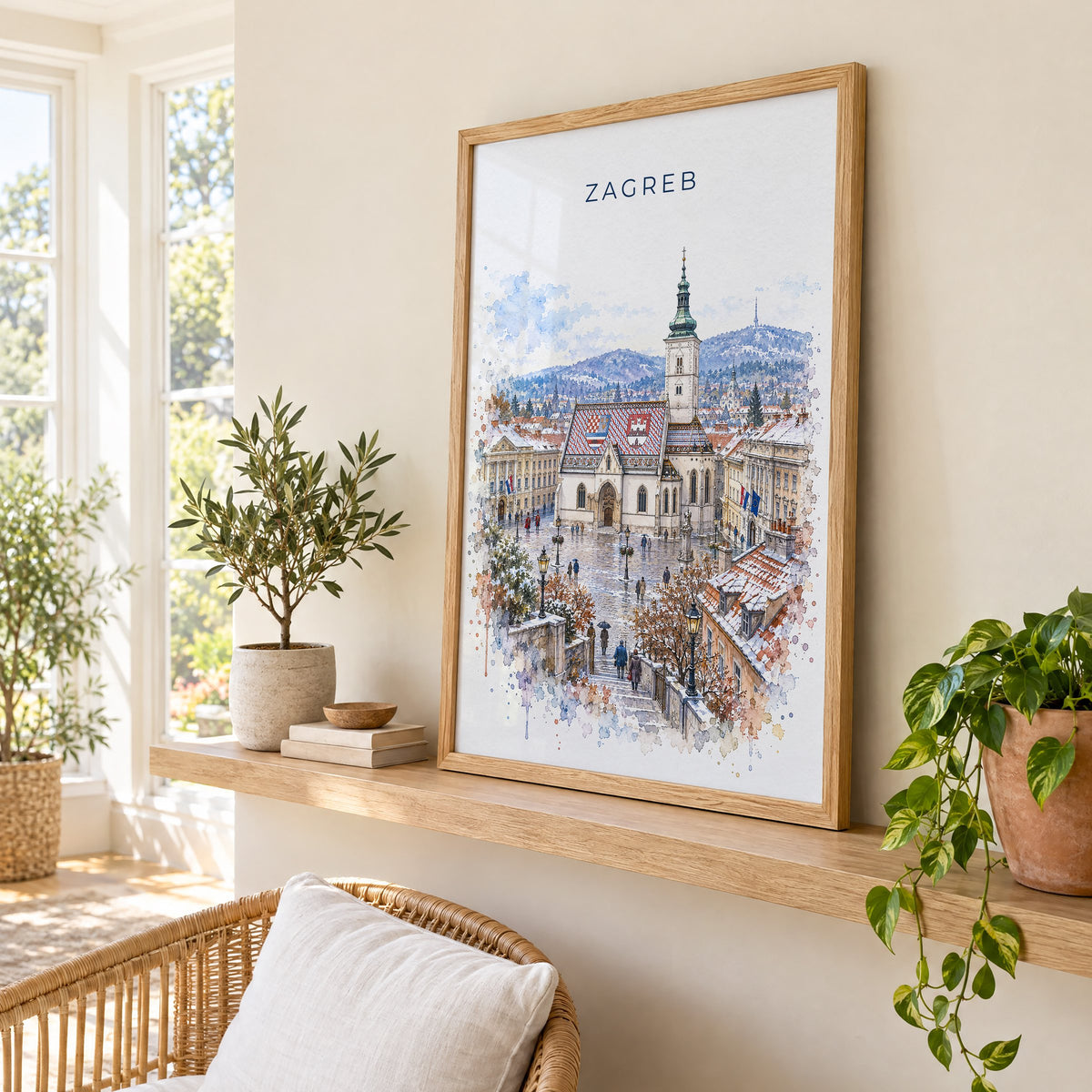 Zagreb watercolor print in an oak frame on a picture ledge in a sunlit sunroom
