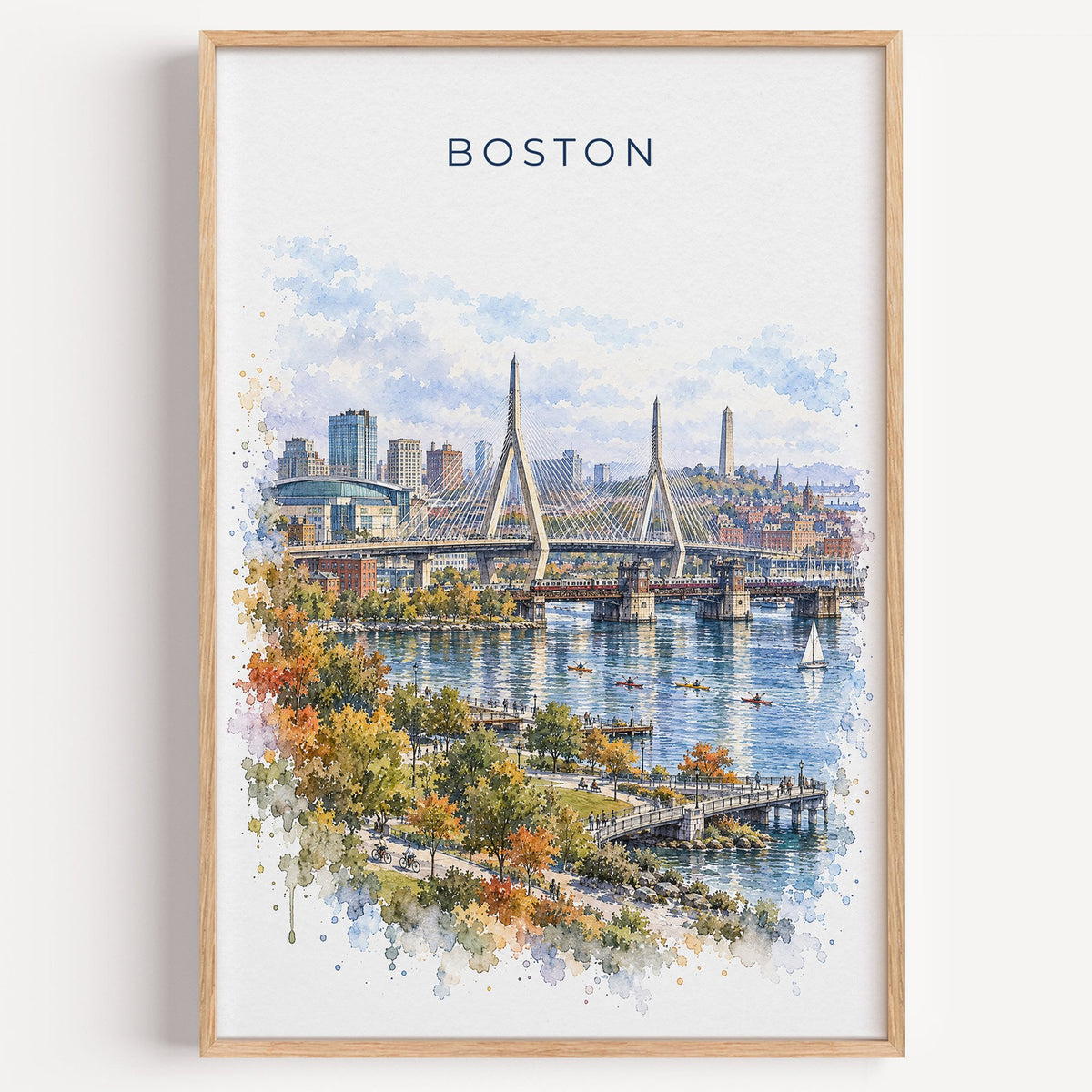 Zakim Bridge Boston watercolor print in a light oak frame on a plain white wall