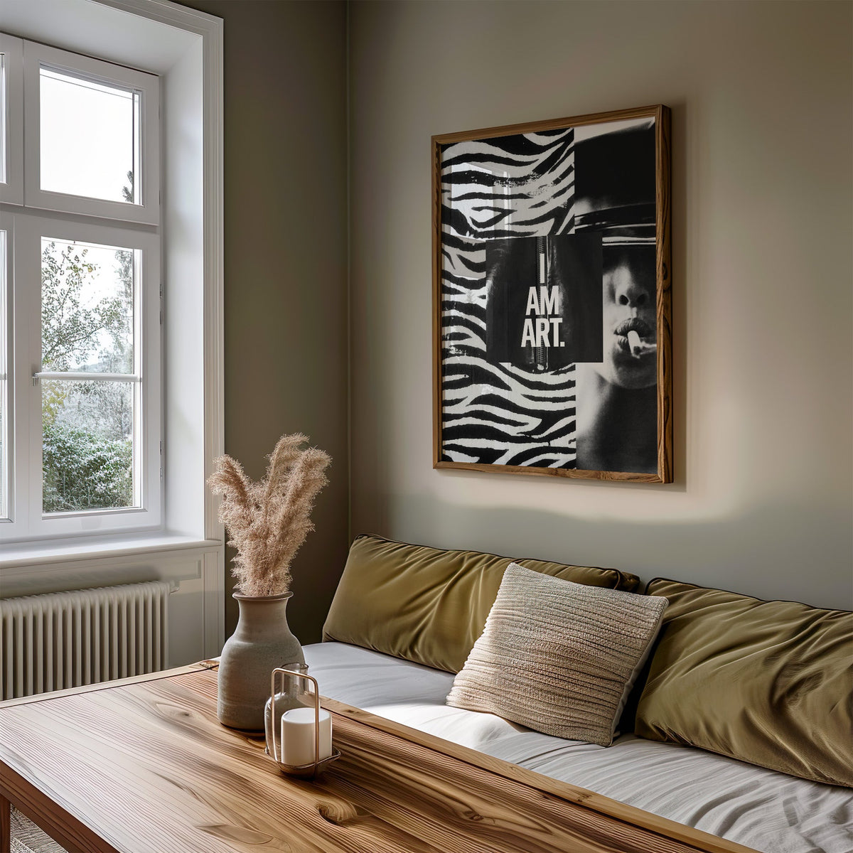 Zebra stripe collage with I am art panel print in a walnut frame above an olive daybed by a window