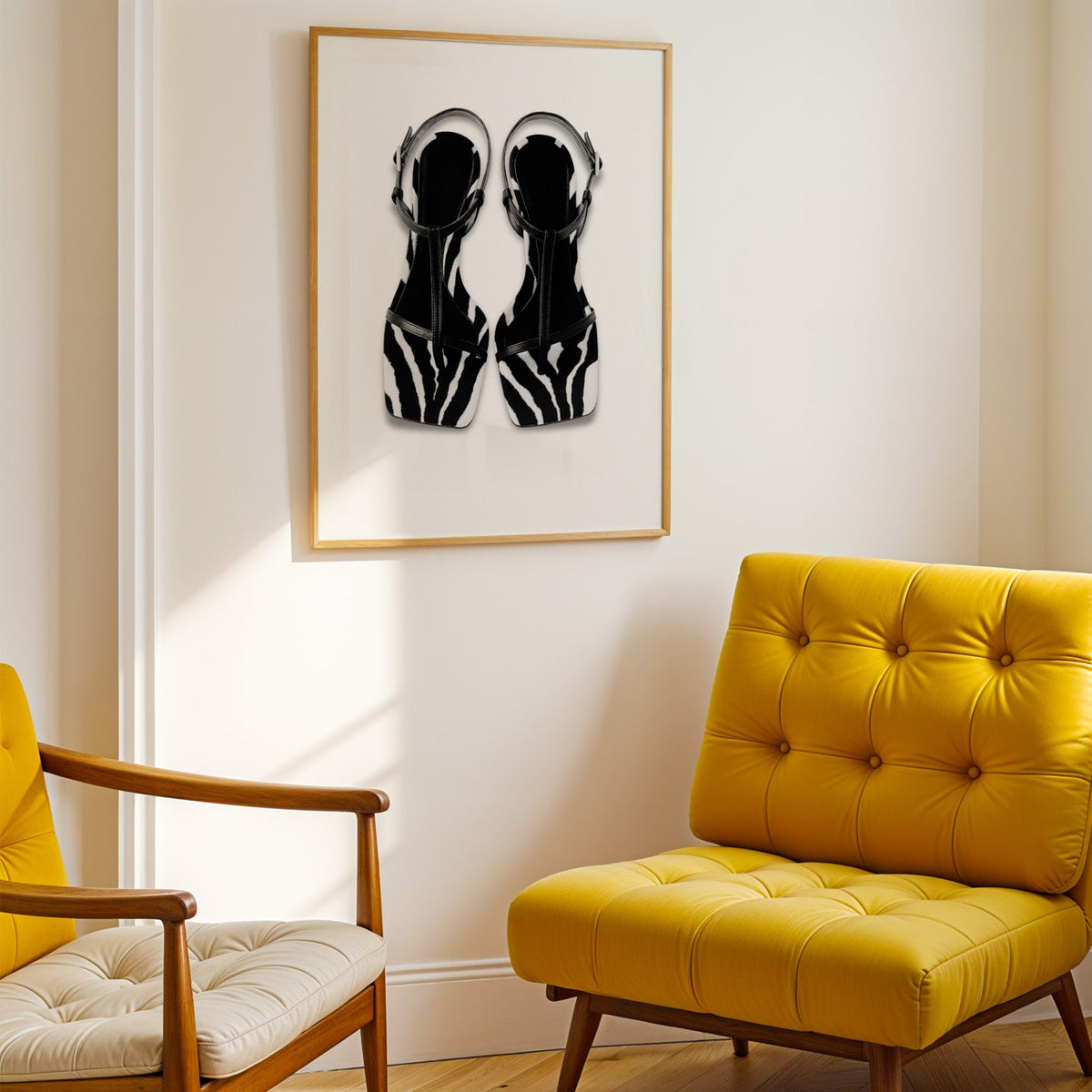 Zebra stripe T-strap sandals on white print shown in a gold frame above a mustard yellow tufted armchair