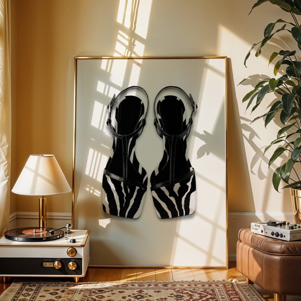Zebra stripe T-strap sandals on white print shown in a gold frame beside a record player and table lamp