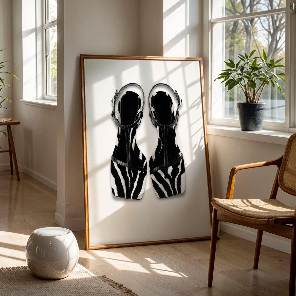 Zebra stripe T-strap sandals on white print in a walnut frame on a wood floor beside a cane chair and sunny window