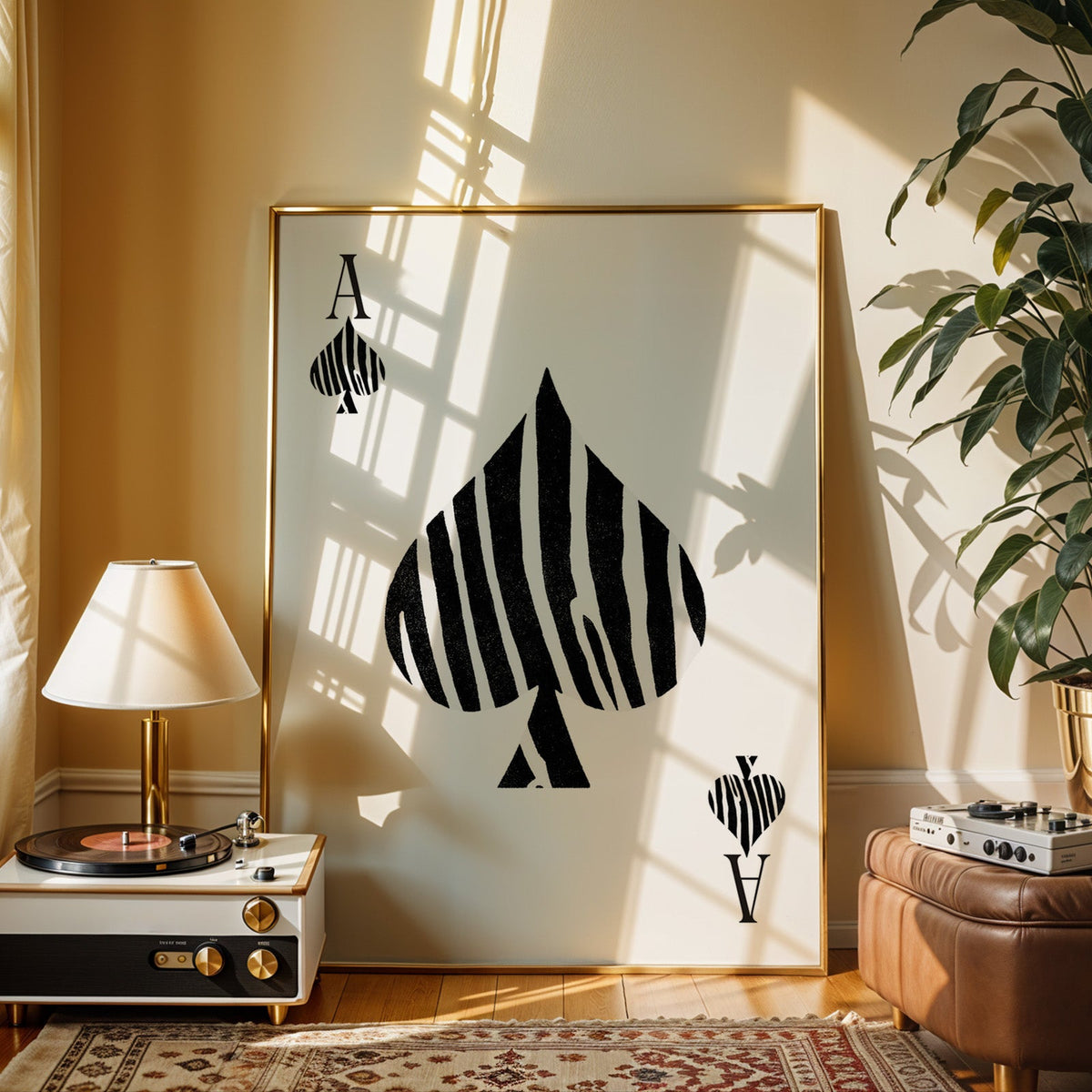 Zebra stripe ace of spades playing card print shown in a gold frame beside a record player and table lamp