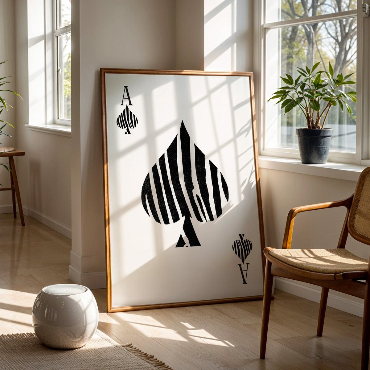 Zebra stripe ace of spades playing card print in a walnut frame on a wood floor beside a cane chair and sunny window