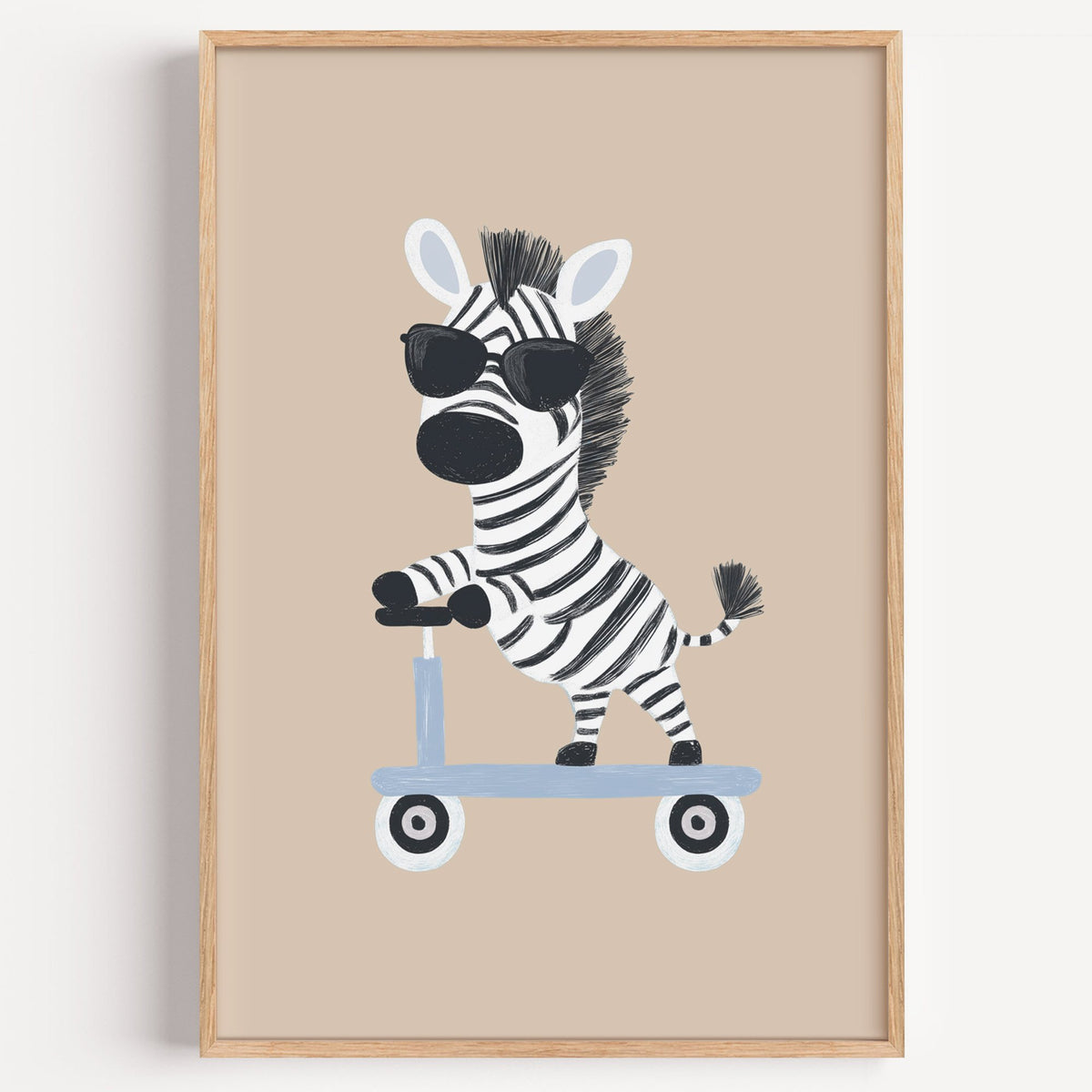 Zebra in sunglasses on scooter nursery print in a light oak frame on a plain white wall
