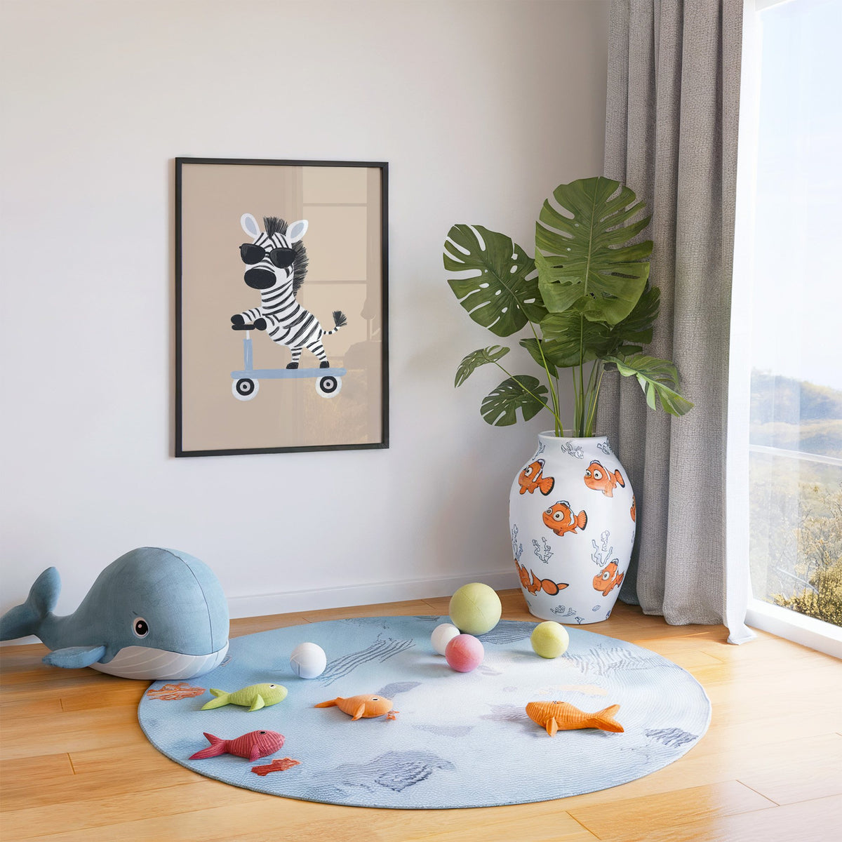 Zebra in sunglasses on scooter nursery print in a black frame in a playroom with an ocean rug and whale plush