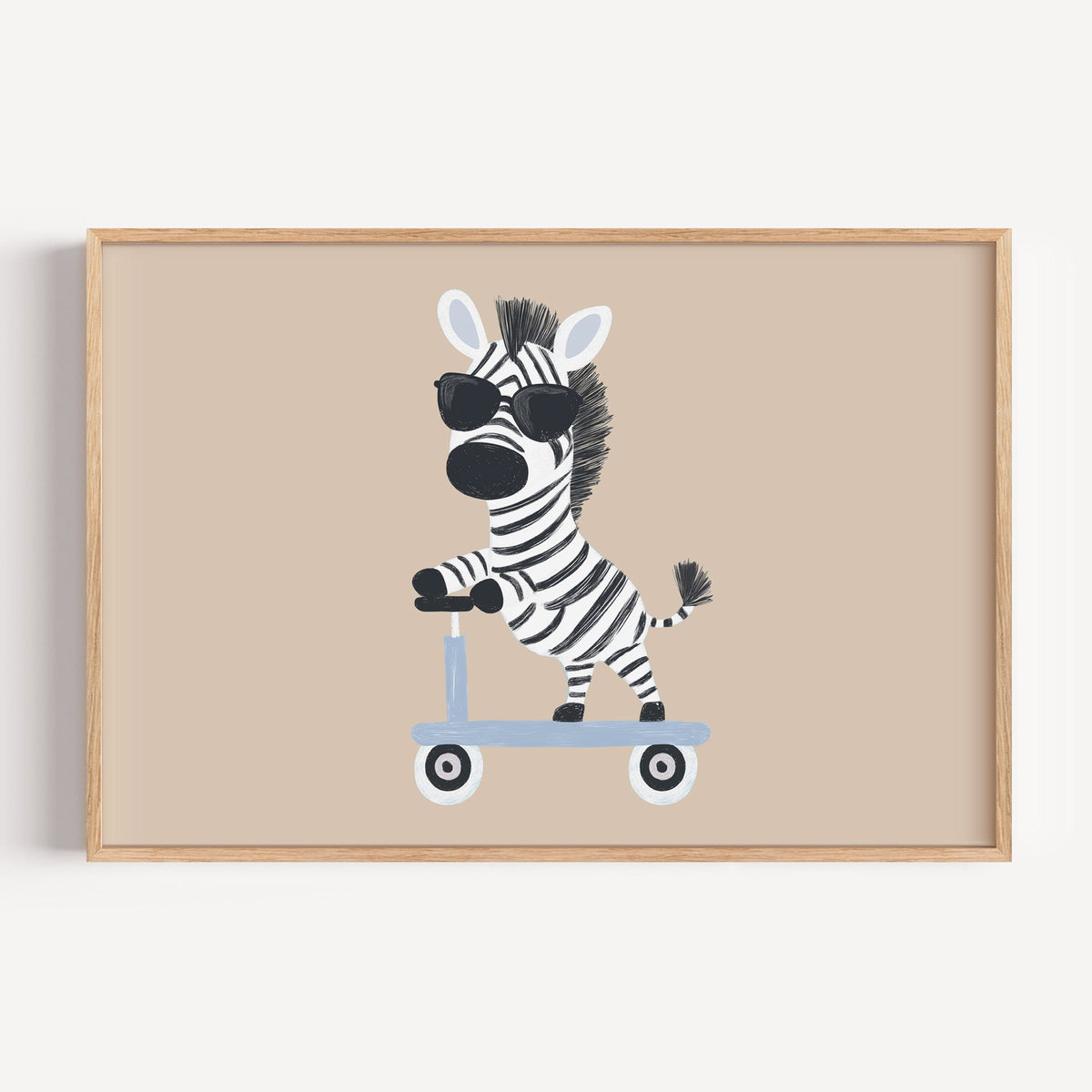 Landscape zebra in sunglasses on scooter nursery print in a light oak frame on a plain white wall