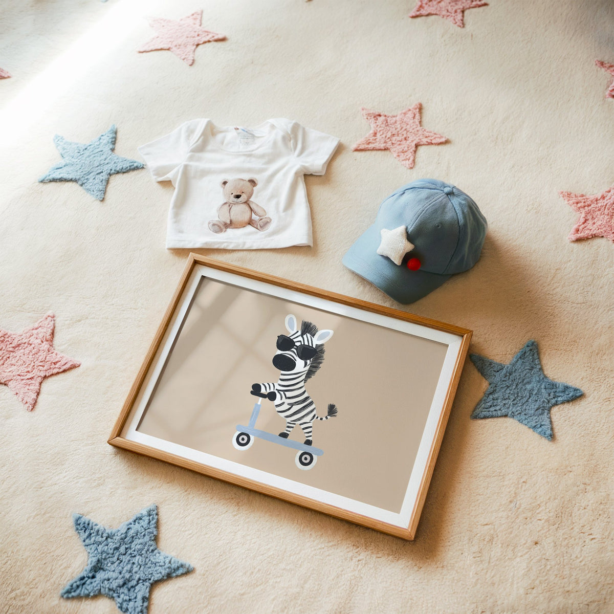 Landscape zebra in sunglasses on scooter nursery print in a matted oak frame on a star rug with a baby tee