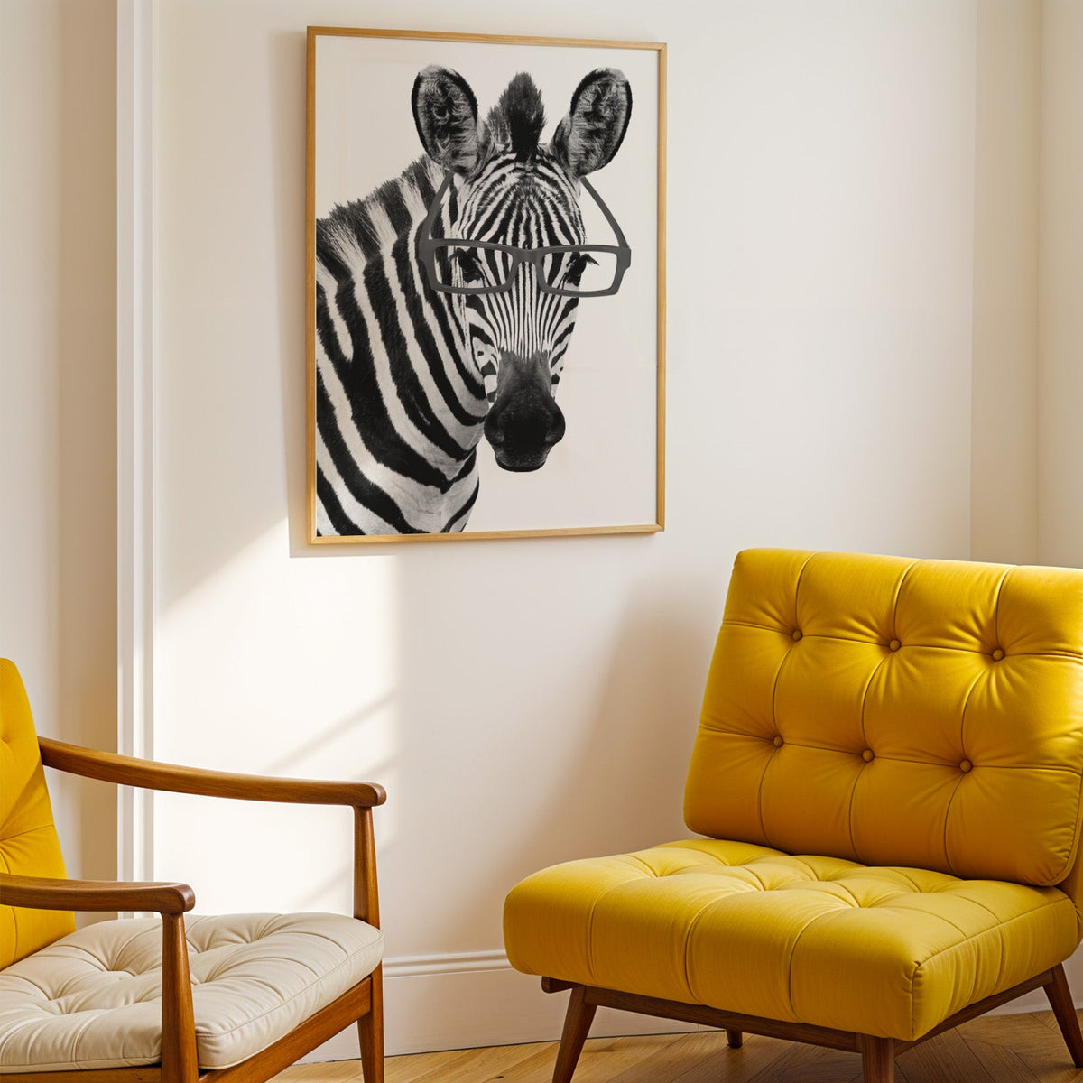 Zebra wearing black rectangular glasses print shown in a gold frame above a mustard yellow tufted armchair