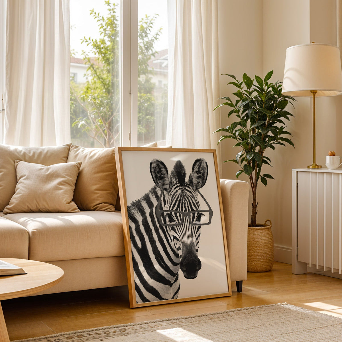 Zebra wearing black rectangular glasses print in a light oak frame leaning on a cream sofa beside a floor lamp