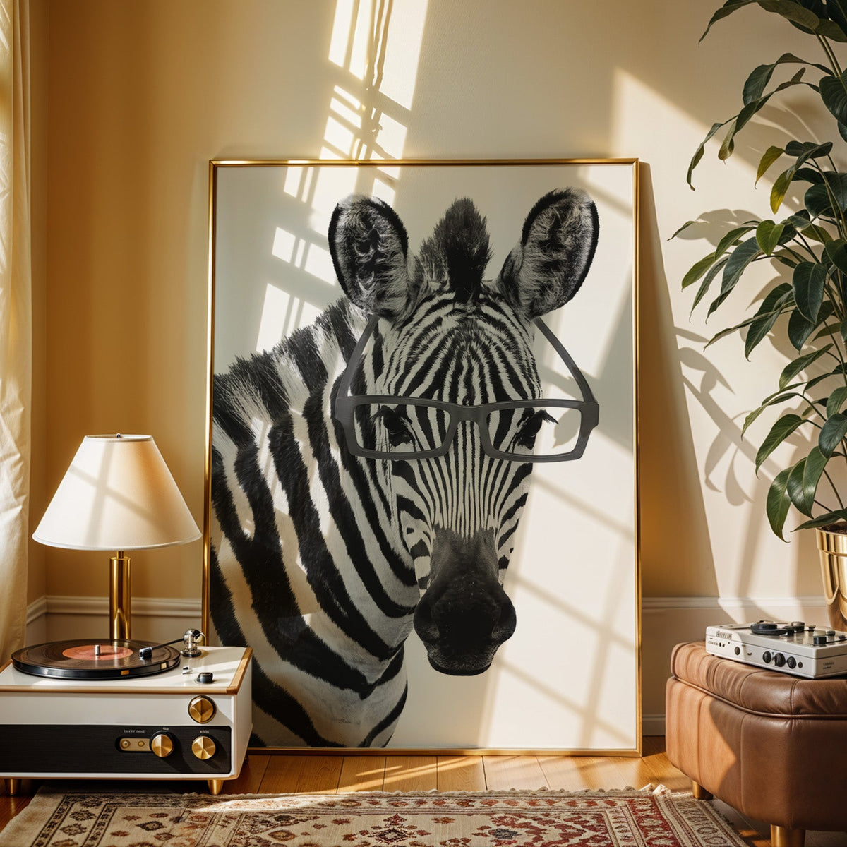 Zebra wearing black rectangular glasses print shown in a gold frame beside a record player and table lamp