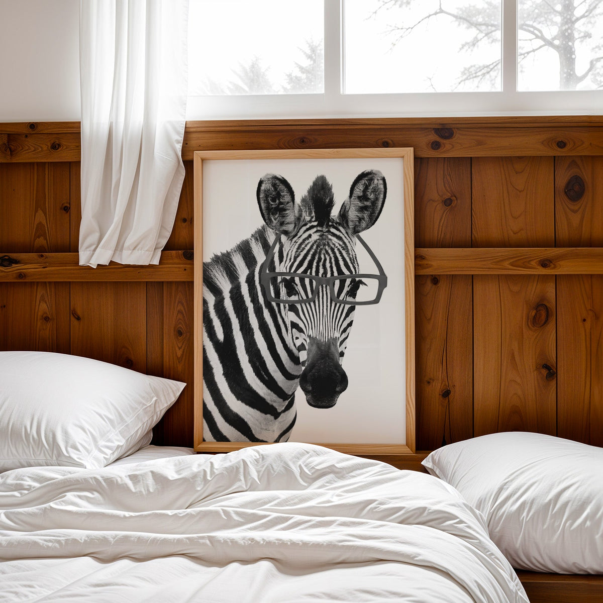 Zebra wearing black rectangular glasses print in a pine frame leaning on a wood headboard over white bedding