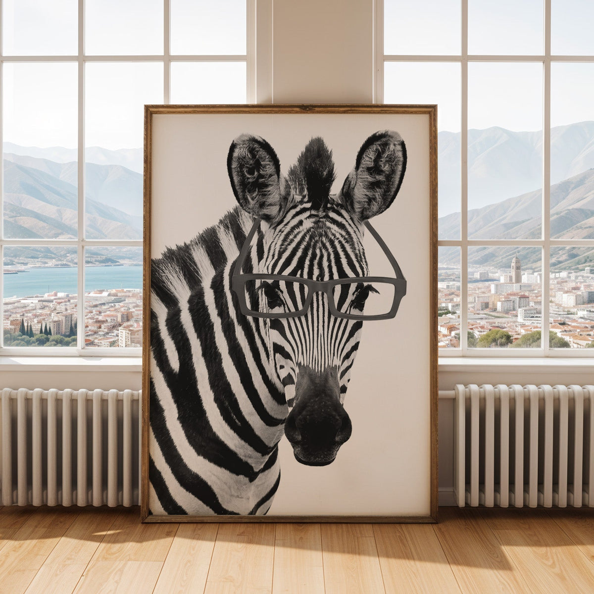 Zebra wearing black rectangular glasses print shown in an antique gold frame by tall windows with a sea view