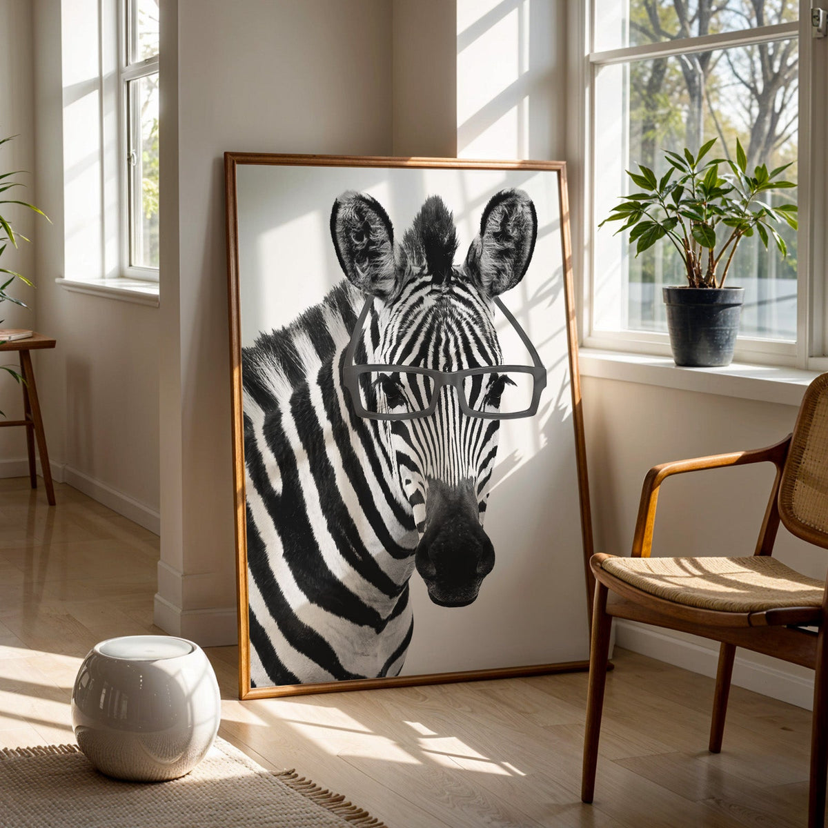 Zebra wearing black rectangular glasses print in a walnut frame on a wood floor beside a cane chair and sunny window