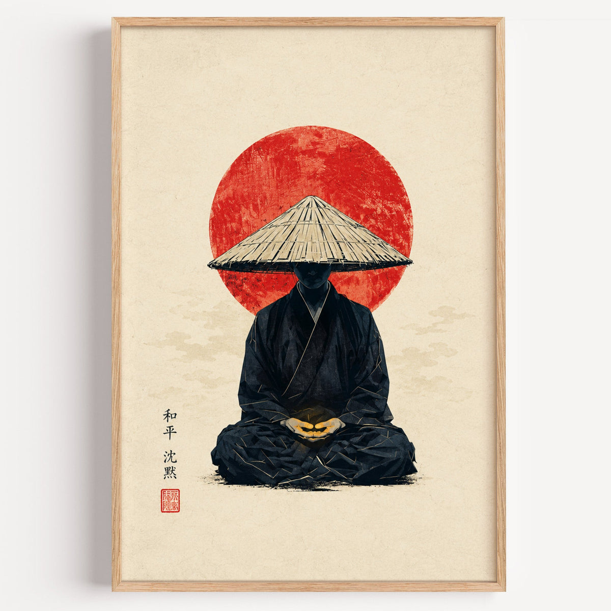 meditating monk in straw hat with red sun print in a light oak frame on a plain white wall