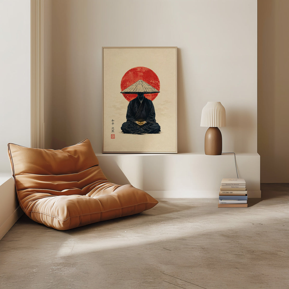 meditating monk in straw hat with red sun print in a light oak frame on a white ledge by a tan leather floor chair