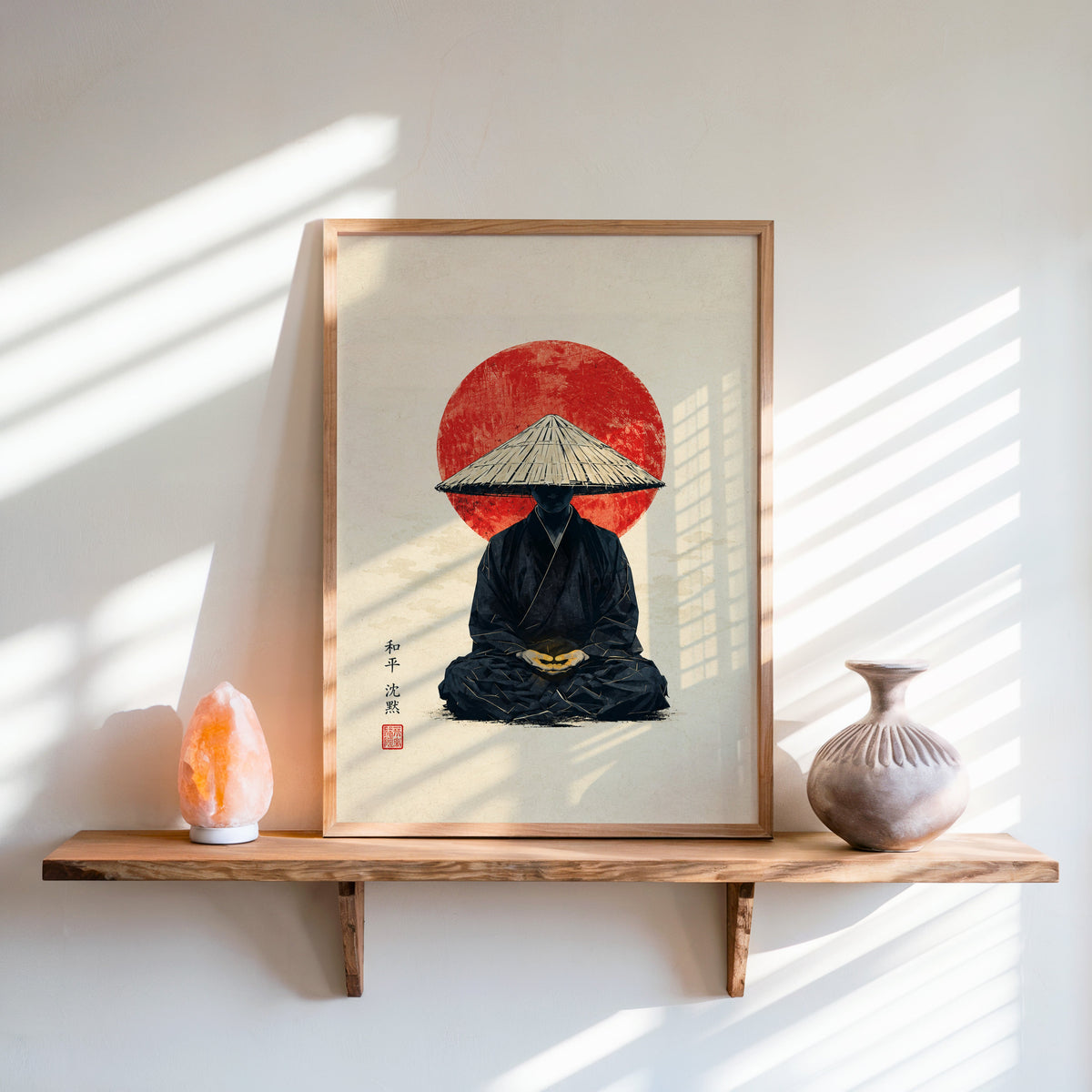 meditating monk in straw hat with red sun print in an oak frame on a live-edge wall shelf with a salt lamp and clay vase
