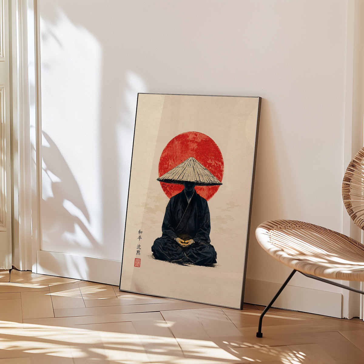 meditating monk in straw hat with red sun print in a black frame leaning on a herringbone floor beside a woven rattan chair