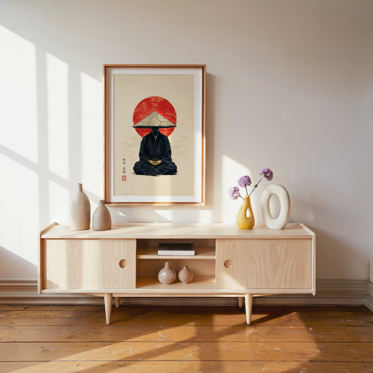 meditating monk in straw hat with red sun print shown in a wood frame with a white mat above a pale wood media console