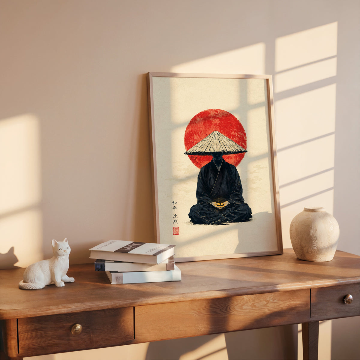 meditating monk in straw hat with red sun print shown in a rose gold frame leaning on a wooden writing desk with books