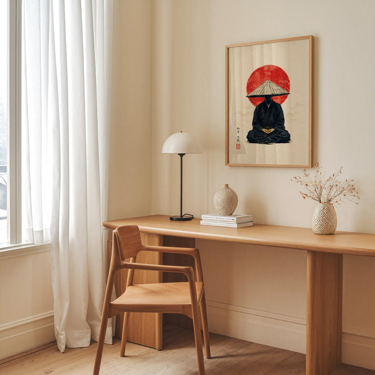 meditating monk in straw hat with red sun print in an oak frame above a long oak desk with a white dome lamp and woven vases
