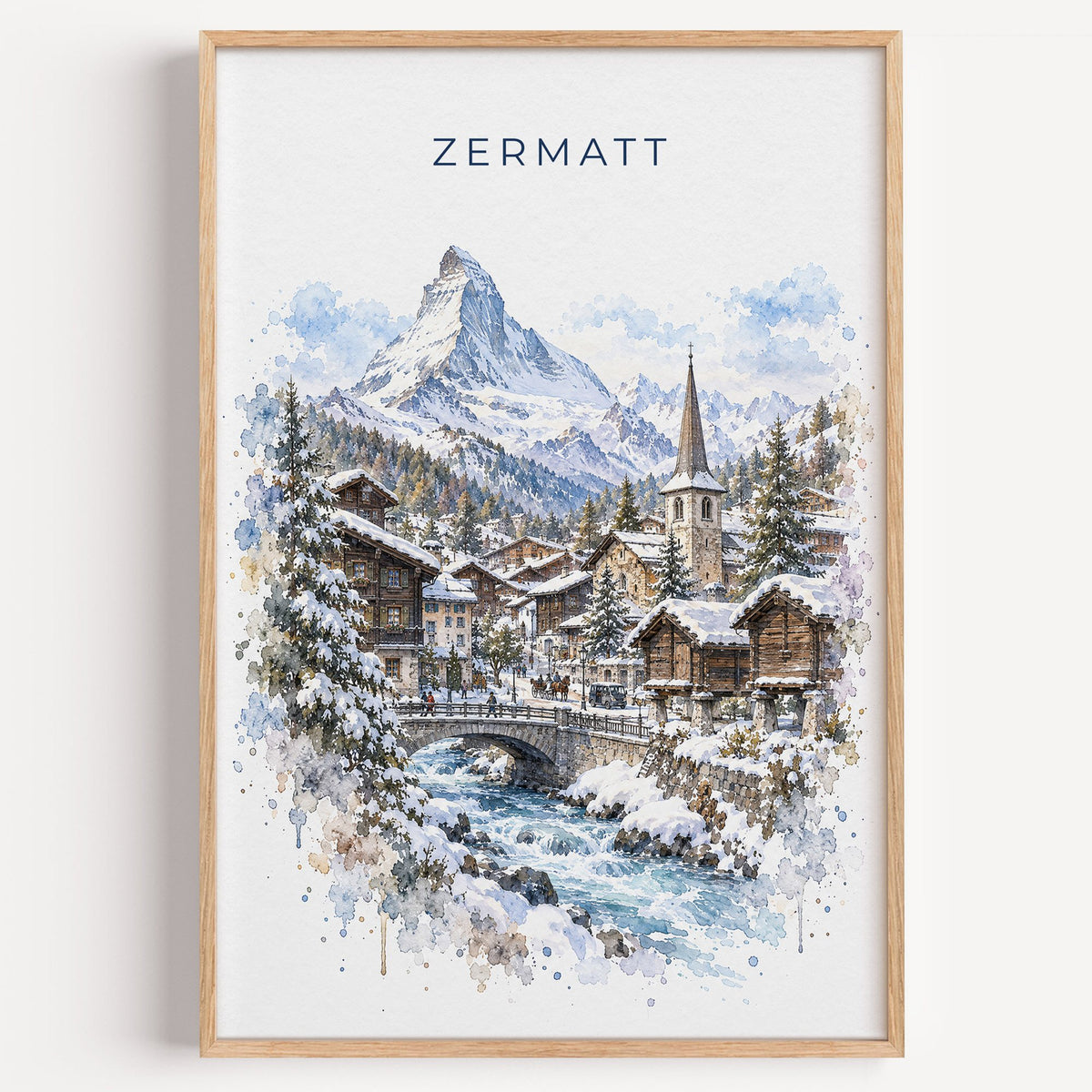 Zermatt watercolor print in a light oak frame on a plain white wall