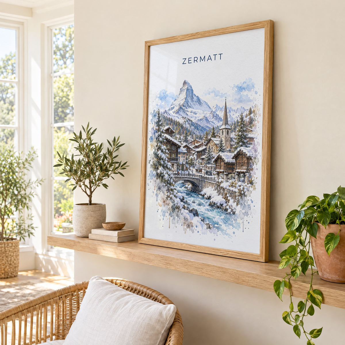 Zermatt watercolor print in an oak frame on a picture ledge in a sunlit sunroom