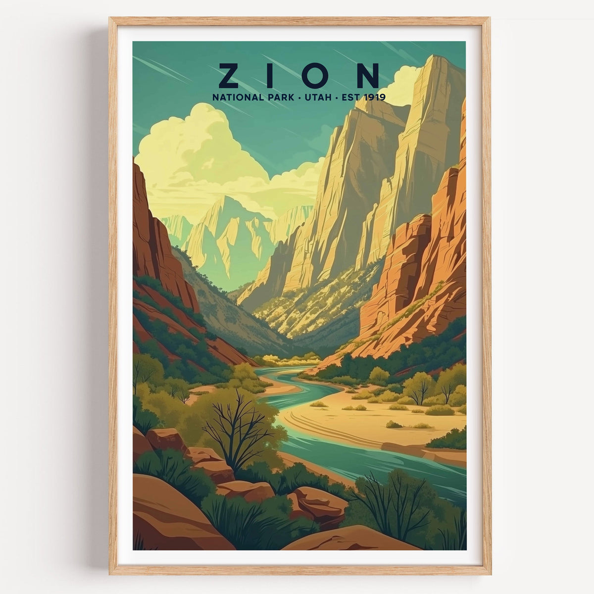 Zion National Park illustrated print: red canyon walls above the Virgin River, in an oak frame
