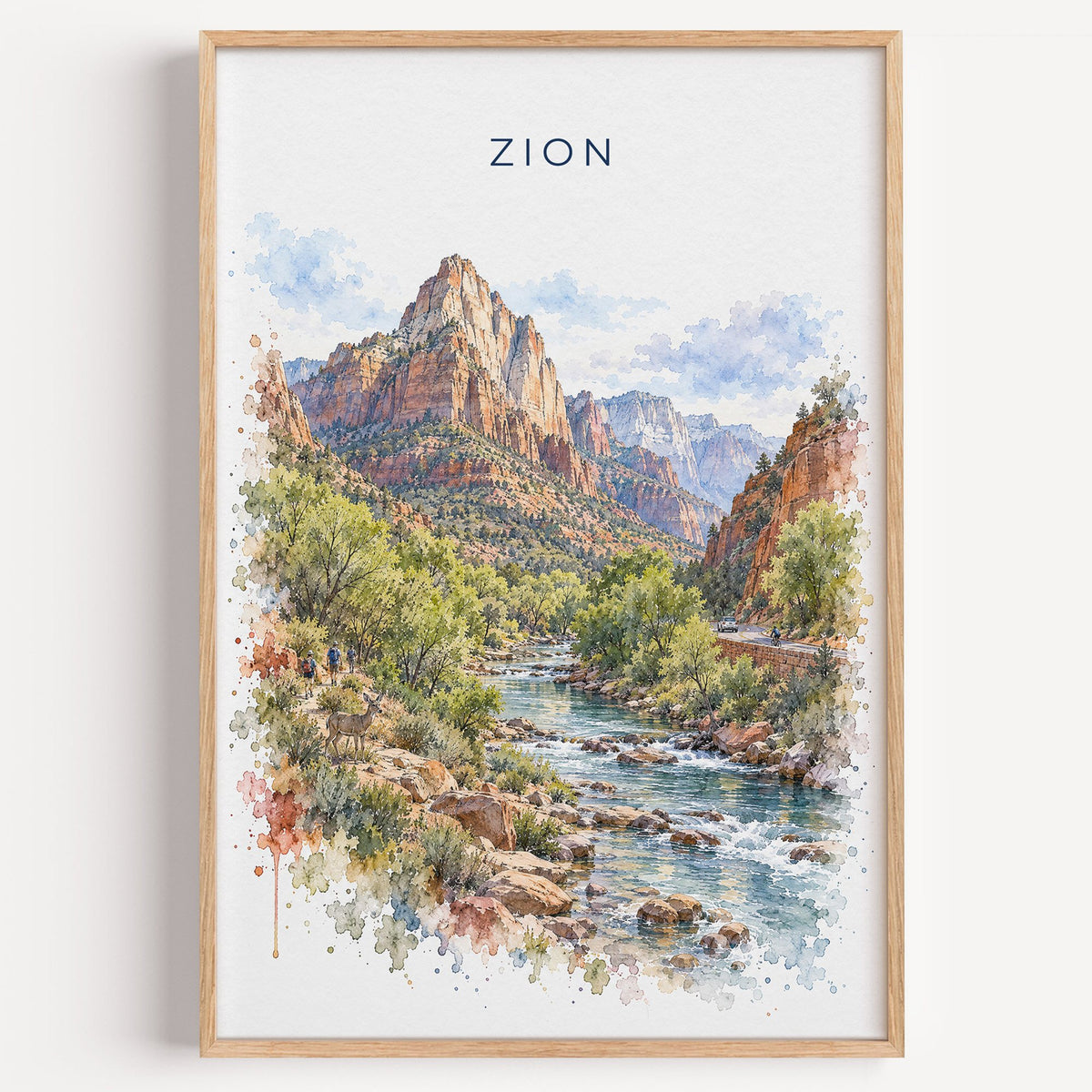 Zion National Park watercolor print in a light oak frame on a plain white wall