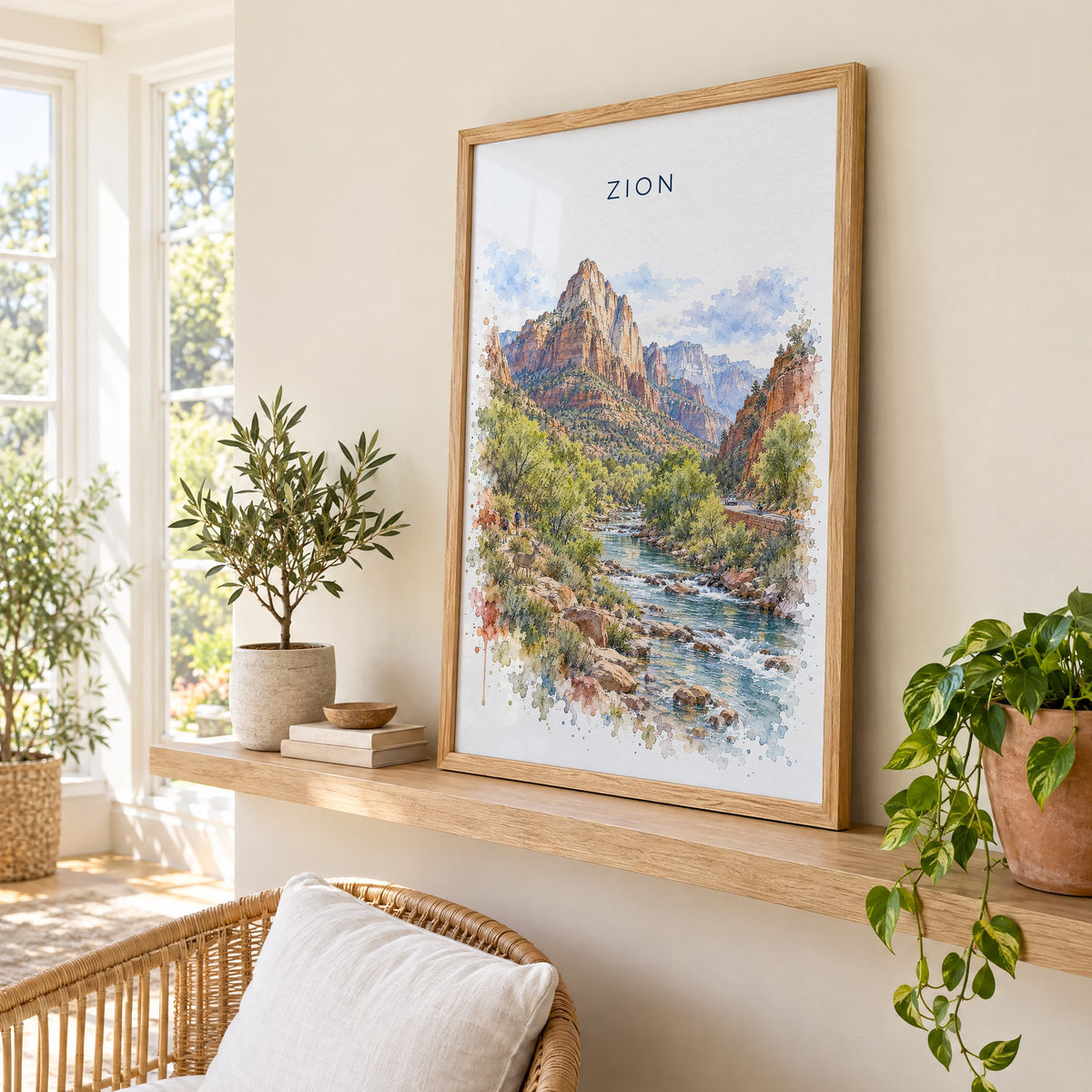 Zion National Park watercolor print in an oak frame on a picture ledge in a sunlit sunroom