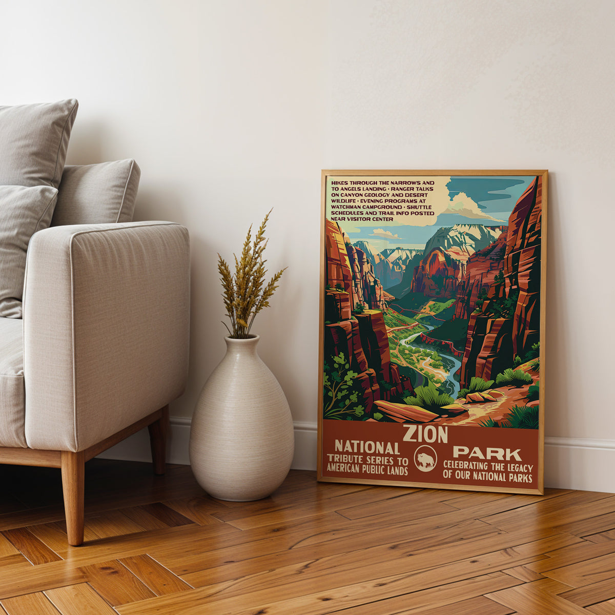 Zion National Park framed print on parquet beside an armchair and a tall stone vase