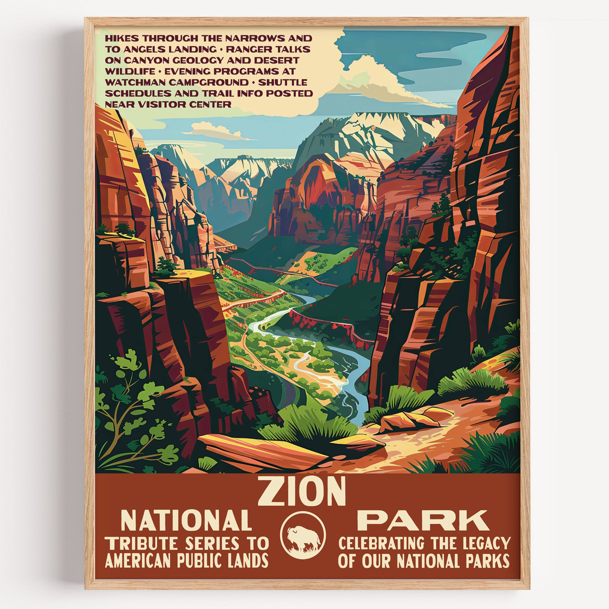 Zion National Park wall art print in a thin wood frame, the red canyon walls rising above the Virgin River