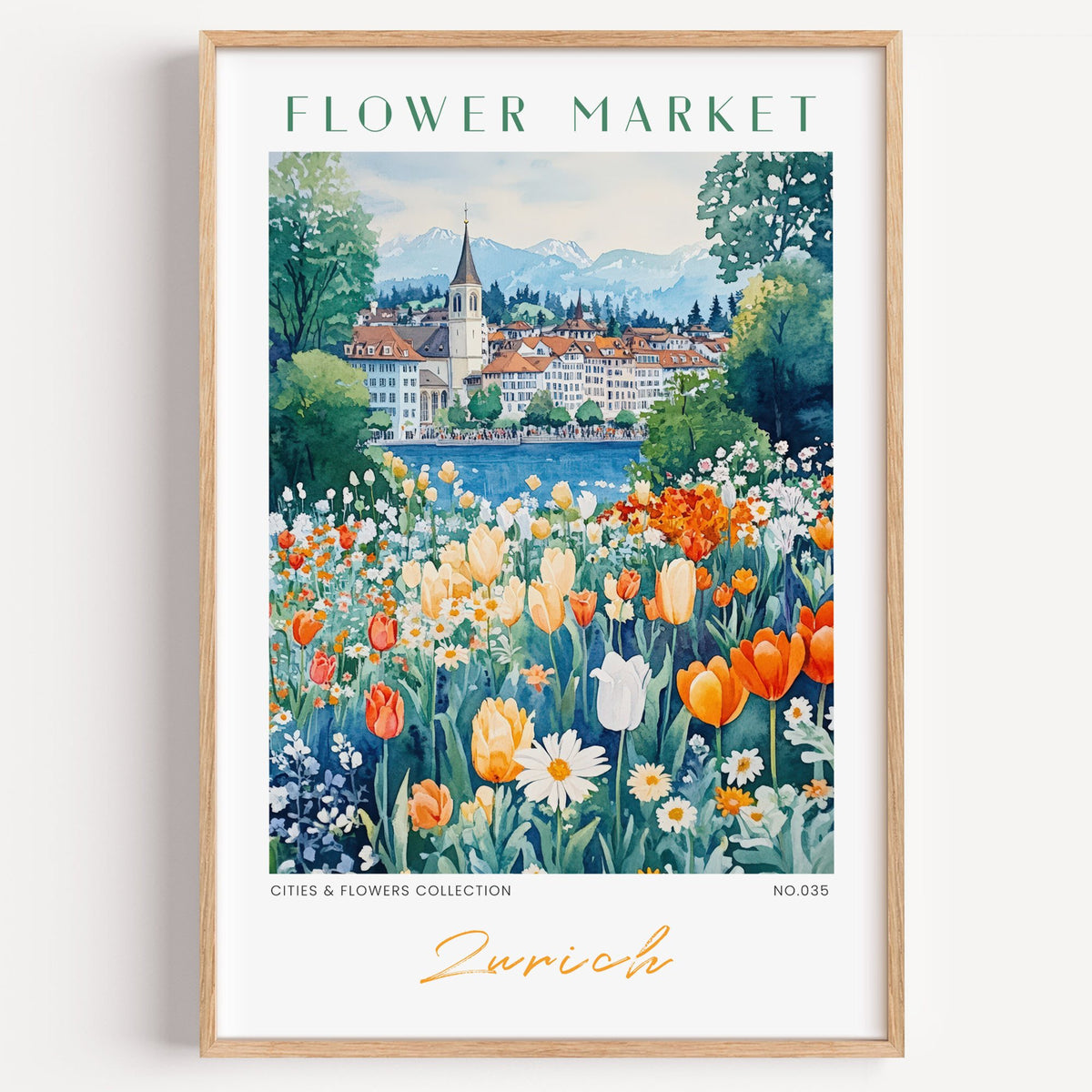 Zurich flower market print in a light oak frame on a plain white wall