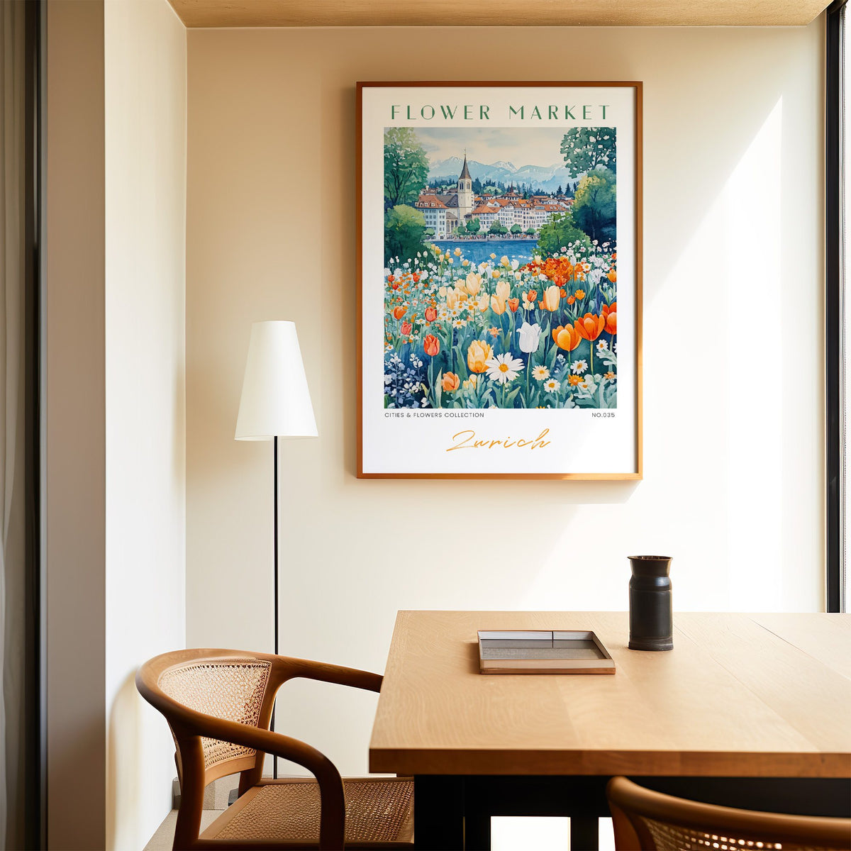 Zurich flower market print in an oak frame above a dining table and cane chair