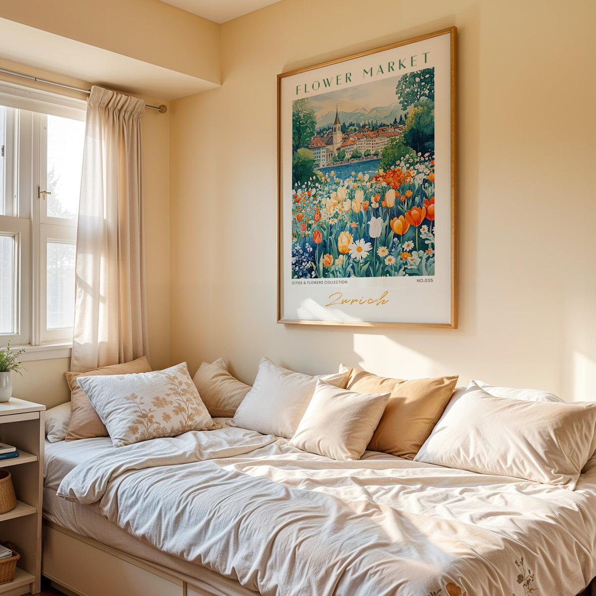 Zurich flower market print in an oak frame above a cream daybed in a sunny bedroom