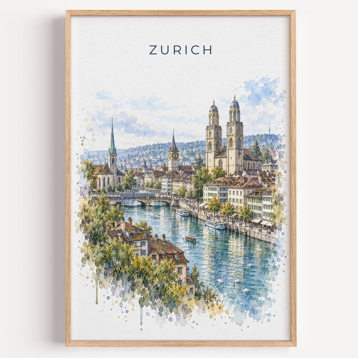 Zurich watercolor print in a light oak frame on a plain white wall